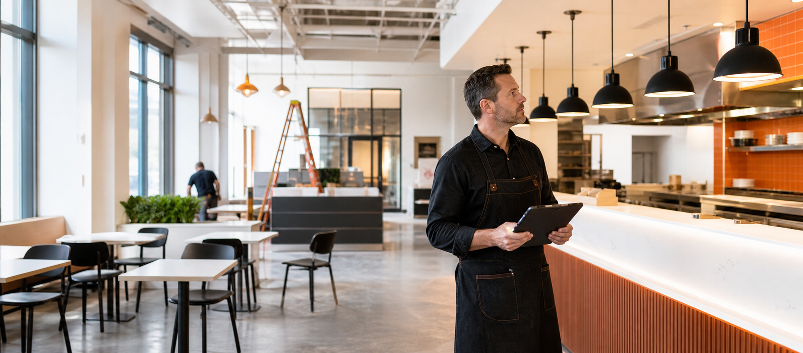 Restaurant operator inspecting a new restaurant location