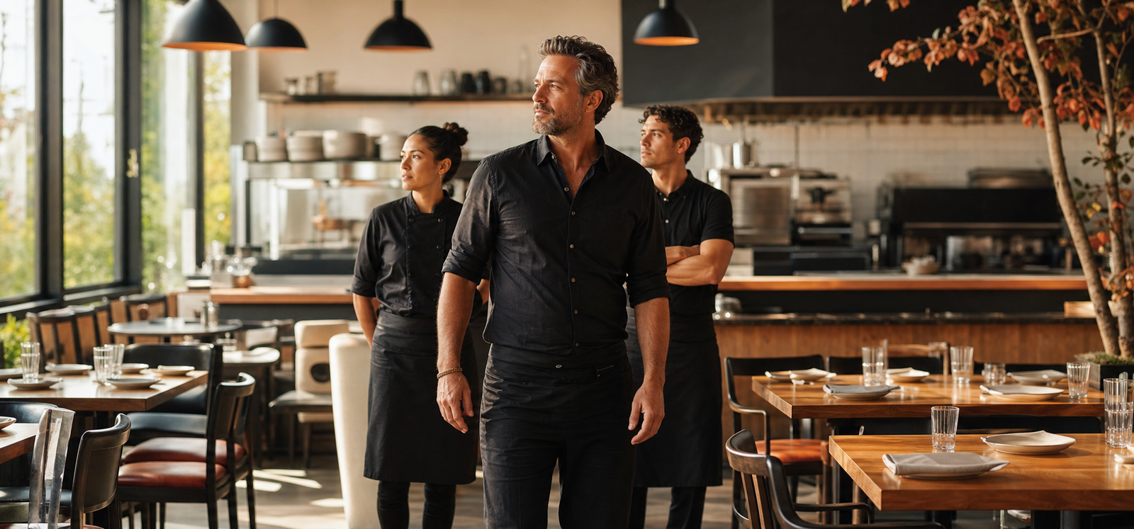 Experienced restaurant operator and team preparing a dining room